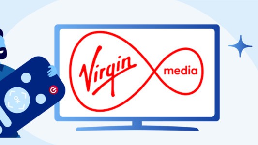 Image of a man holding a remote, with the Virgin Media logo on a TV