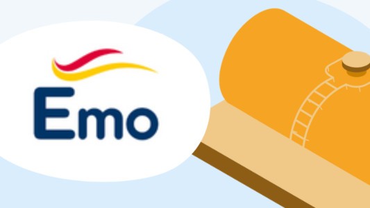 The Emo logo centred in a blue and orange banner