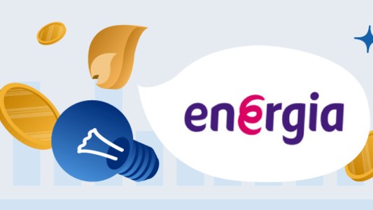 Energia logo, light bulb, gas flame and coins