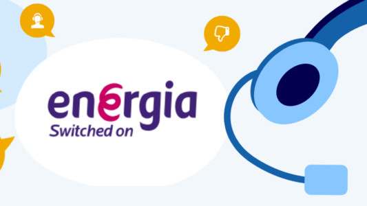 Energia logo with mix of thumbs up, crosses and reviews