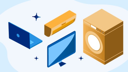 laptop, TV, air condicioner, washer and dryer on a cloud in a circle