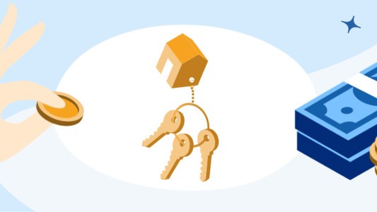 a hand exchanging keys with a orange house and coins in the background