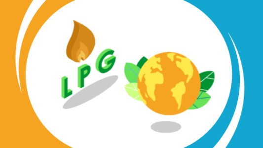 The word LPG with a gas flame over it next to a globe with leaves behind it