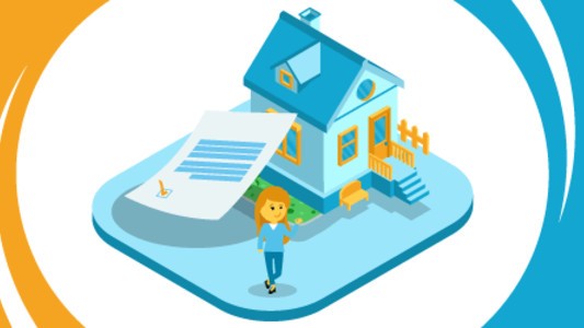 A blue house with a contract propped up against it
