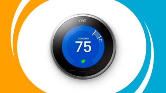 The Nest smart learning thermostat centered in a blue and orange banner