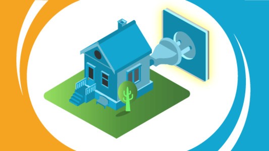 A blue house with an attached plug being inserted into a socket