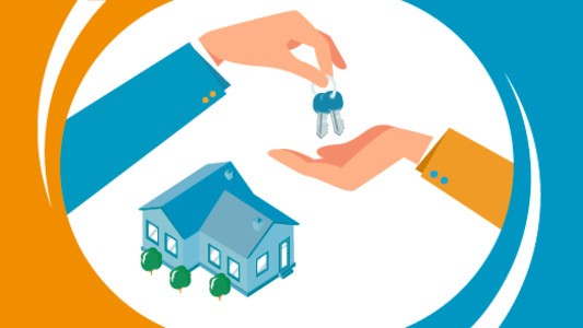 two hands exchanging keys with a blue house in the background