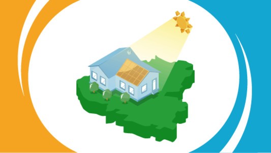 A large house with a solar panel and the sun shining down on it