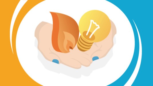 Two cupped hands holding a lightbulb and a flame