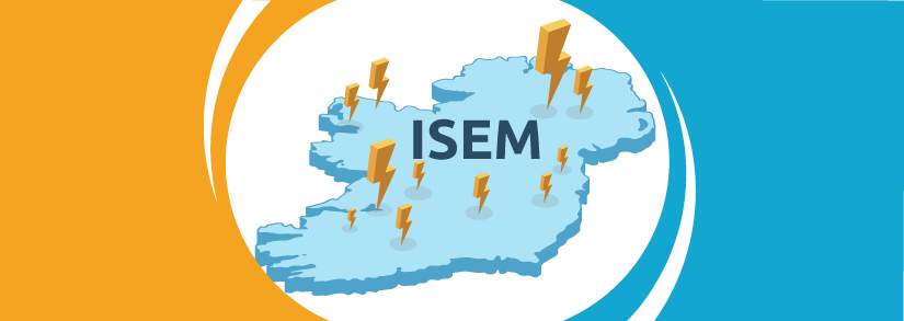 A map of Ireland peppered with Electricity bolts and the ISEM logo in the middle