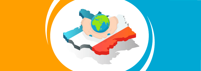 A map of France with the french flag colours and two hands cradling a globe of the world