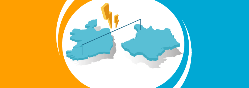 The Republic of Ireland and France united by a thin blue cable with electricity signals over it