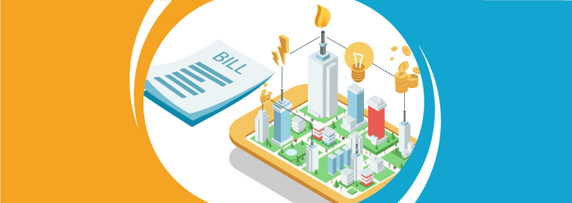 Several buildings connected to each other with images of gas flames, electricity bulbs and a pile of bills beside them