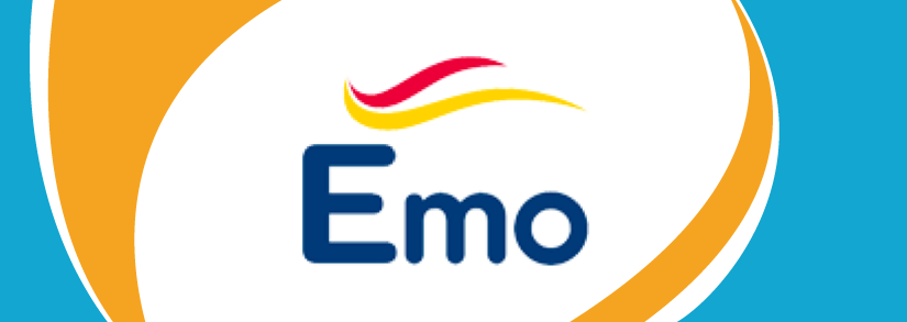 The Emo logo centred in a blue and orange banner