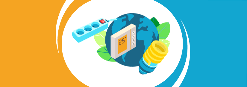 A blue world map globe with a smart thermostat, energy-saving light bulb, and a power strip around it