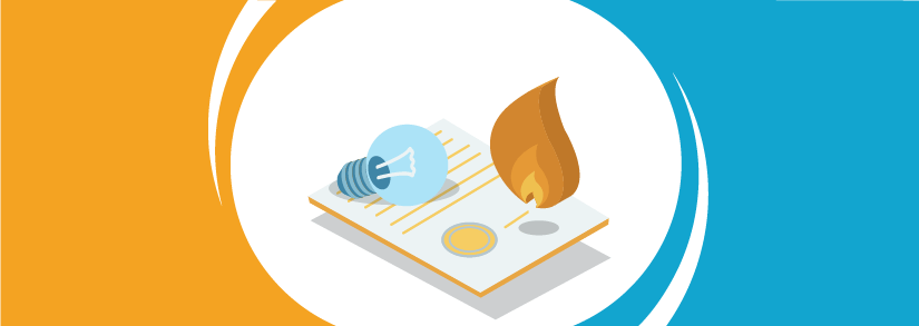 A document with a flame and electricity bulb on top of it