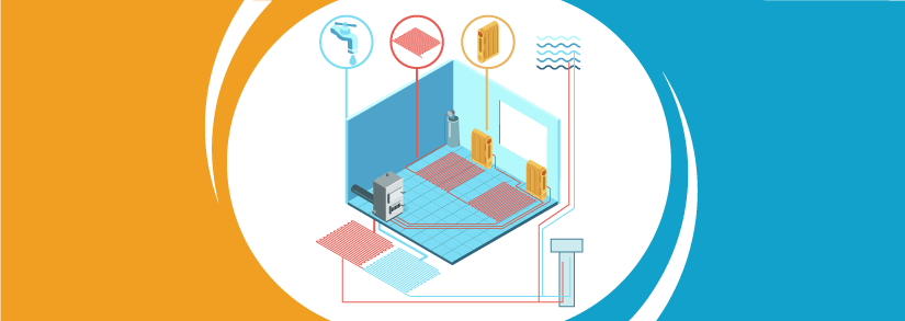 Cross section of a room with piping underneath it and rradiators