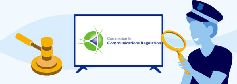 Image of the ComReg Ireland logo accompanied by an authoritative figure