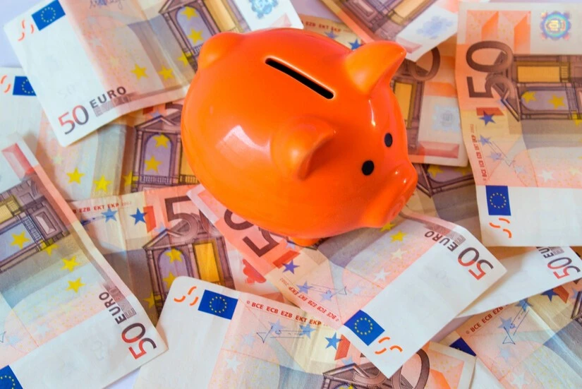 Piggy bank next to euro notes