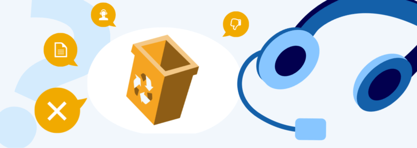 Recycling bin surrounded by price symbol, thumbs up, headset, and speech bubble