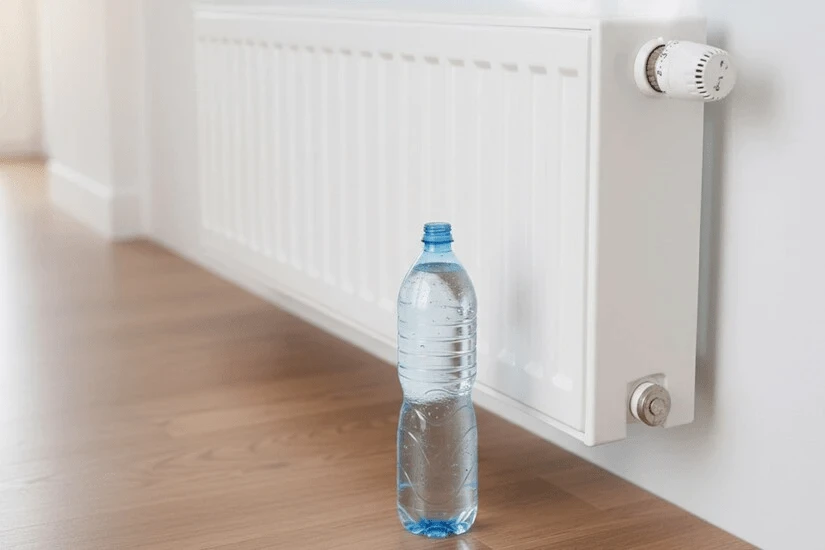 Bottle of water in front of a radiator