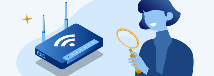 Woman looking at wifi broadband router thru a looking glass