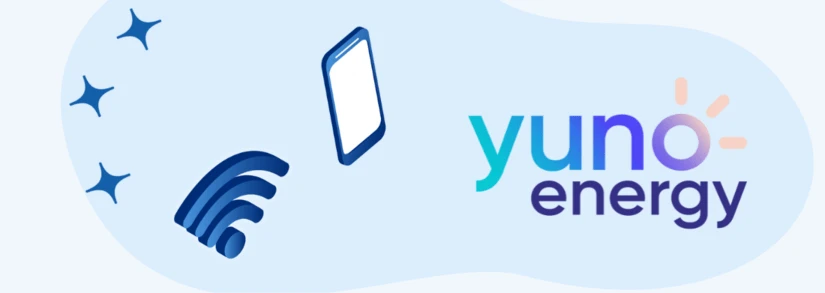 Yuno Energy logo next to a mobile phone