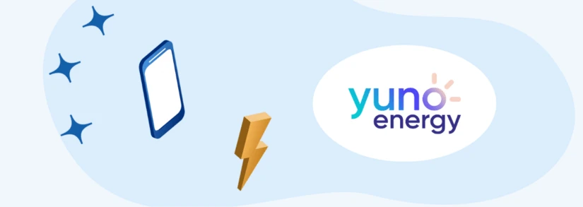 Yuno Enery logo next to a mobile phone and bolt