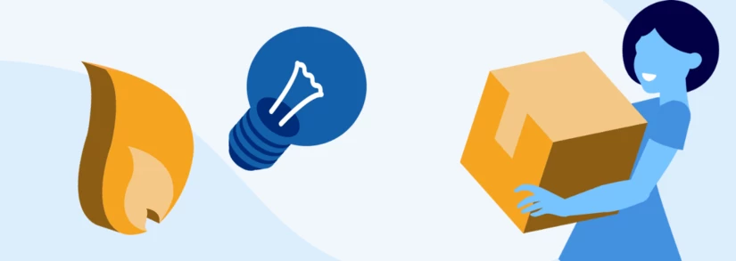 Lightbulb and flame icons next to a woman carrying a box