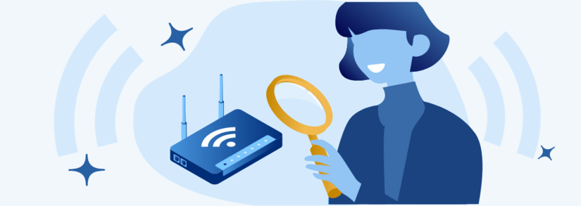 Image of a person inspecting a WiFi router with a magnifying glass