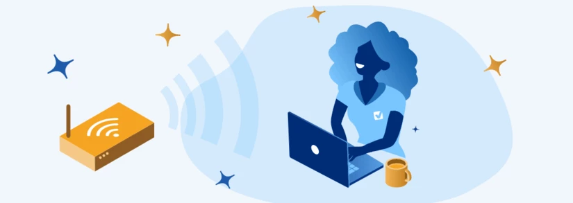 Image of a person next to a router emitting WiFi signals