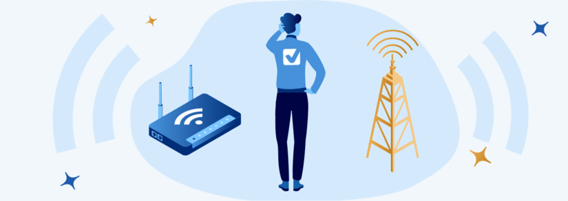 Image of a man between a router and network tower