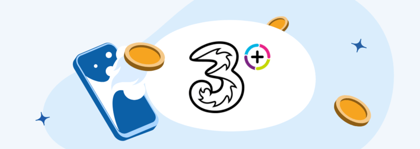 Image of the Three Plus logo alongside a mobile with coins