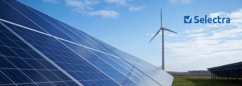 Solar panels next to a wind turbine