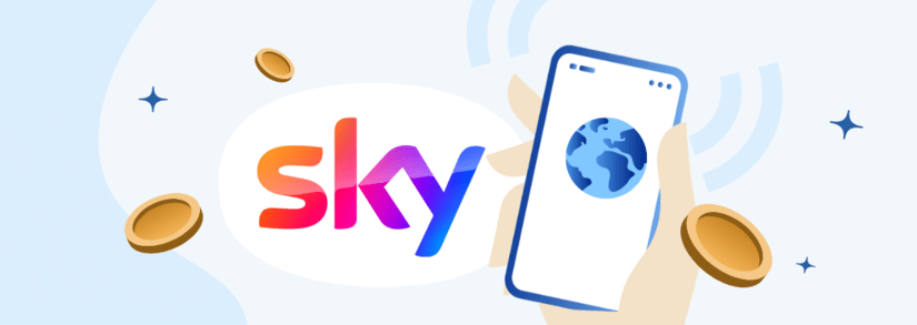 Image of the Sky logo next to a smart phone surrounded by coins