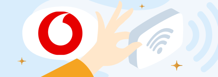 Image of the Vodafone logo next to a mobile broadband router