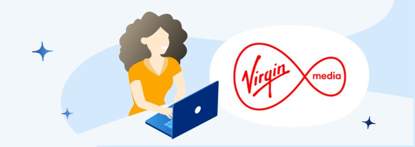 Image of the Virgin Media logo next to a person on a laptop