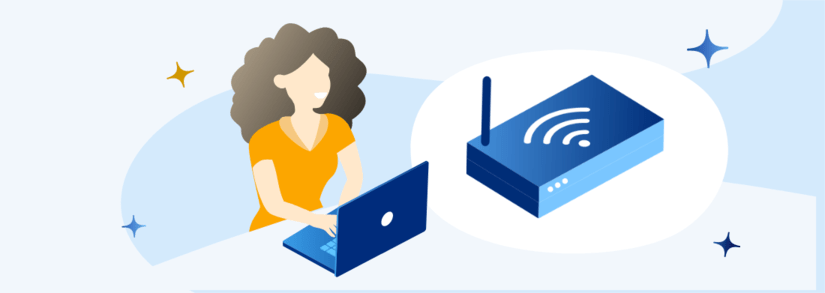 Image of a person using a laptop alongside a wifi modem