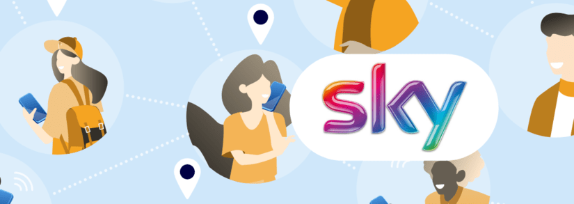 Image of several people communicating around the Sky logo