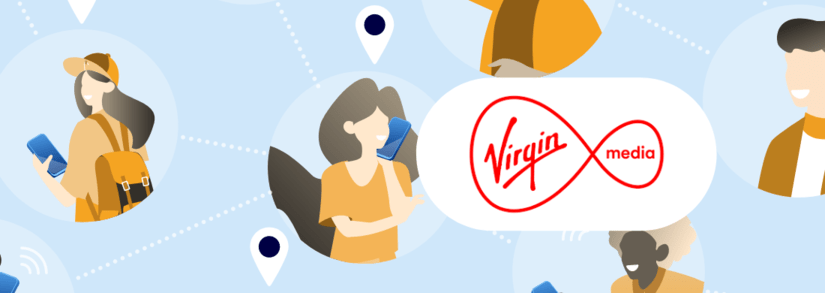 Image of people on mobiles surrounding the Virgin Media Logo
