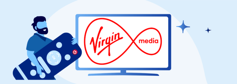 Image of a man holding a remote, with the Virgin Media logo on a TV