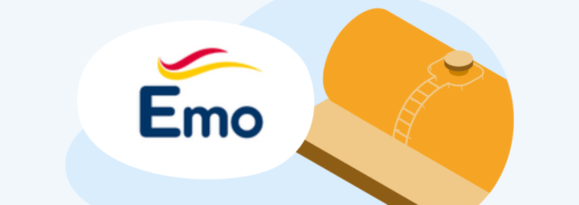 The Emo logo centred in a blue and orange banner