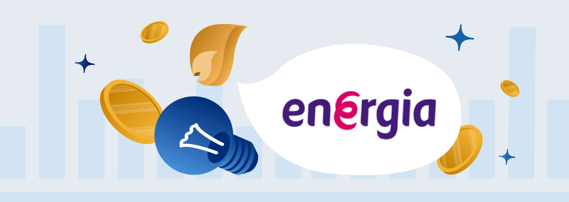Energia logo, light bulb, gas flame and coins