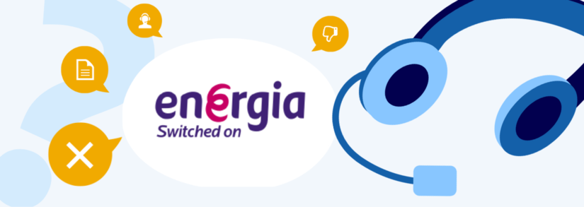 Energia logo with mix of thumbs up, crosses and reviews