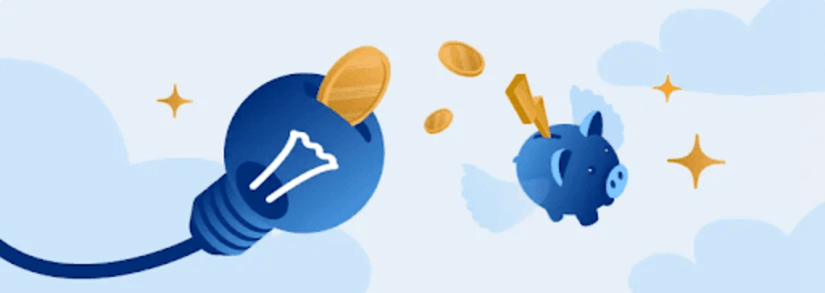 Blue lightbulb next to a blue piggy bank with gold coins falling around them