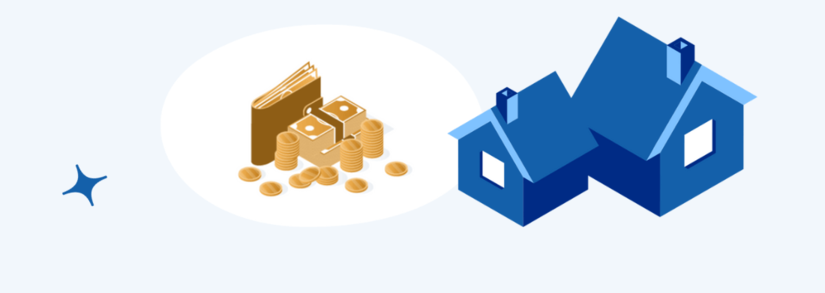 Pile of cash and coins next to a pair of homes