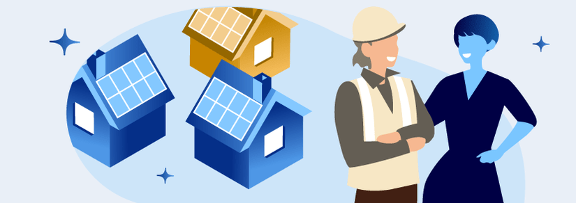 Worker and citizen next to a series of solar power homes