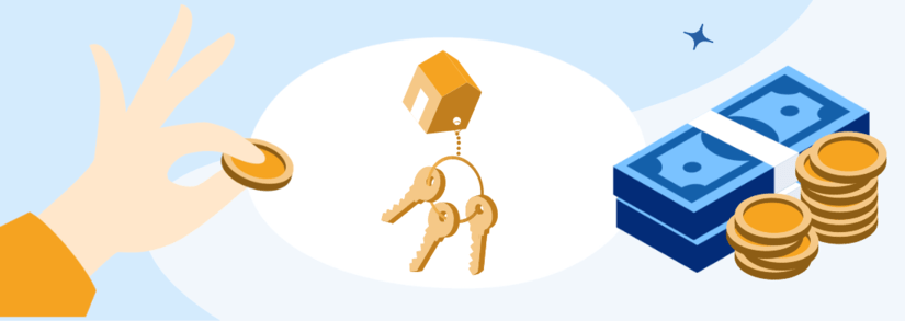 a hand exchanging keys with a orange house and coins in the background