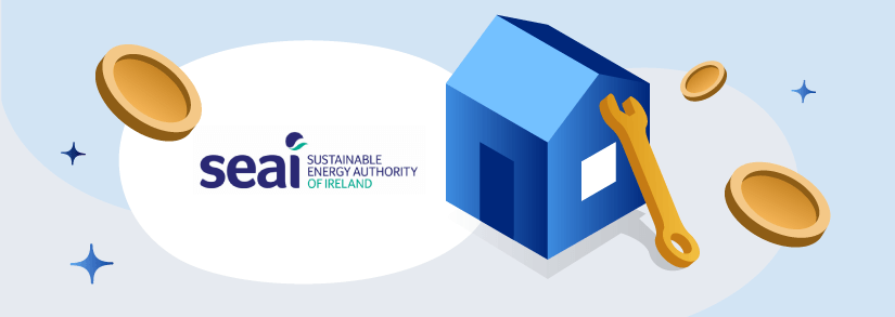 SEAI logo, a home, wrench and coins