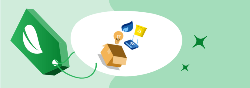 Recycling items inside a cardboard box, wrapped a environmentally friendly green tag
